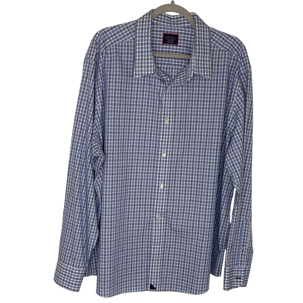 UNTUCKit Mens 3XL Blue White Plaid Wrinkle Free Cotton Button Down Shirt XXXL - Picture 1 of 4